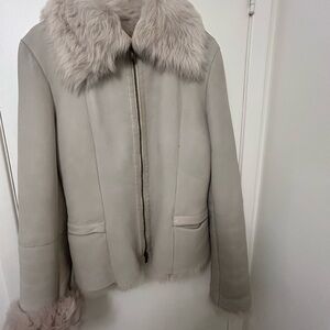 Women's Cream Faux Fur Collar Jacket, genuine leather, never been worn.